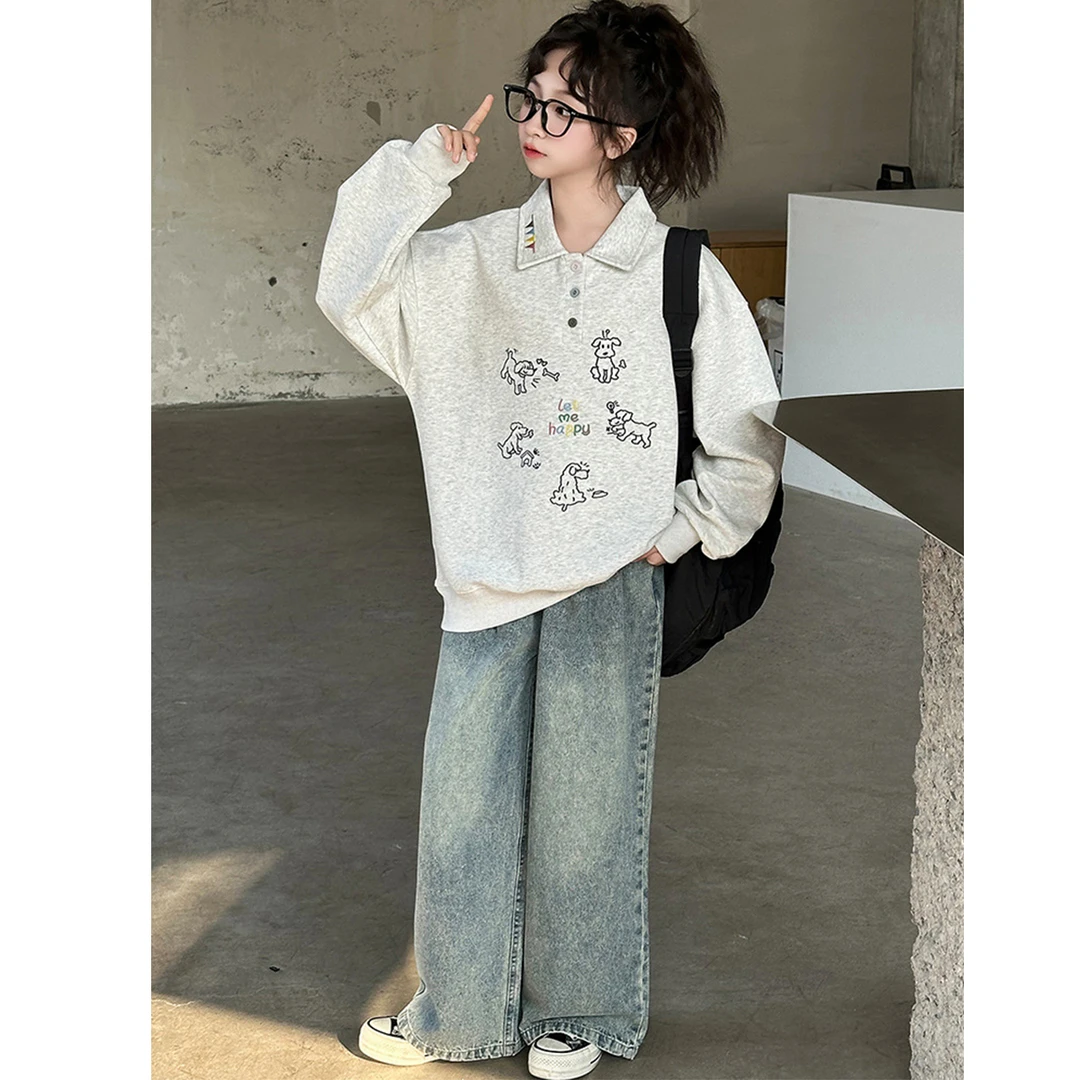 女童卫衣秋季宽松春秋儿童刺绣小狗翻领卫衣上衣秋装牛仔裤潮长袖