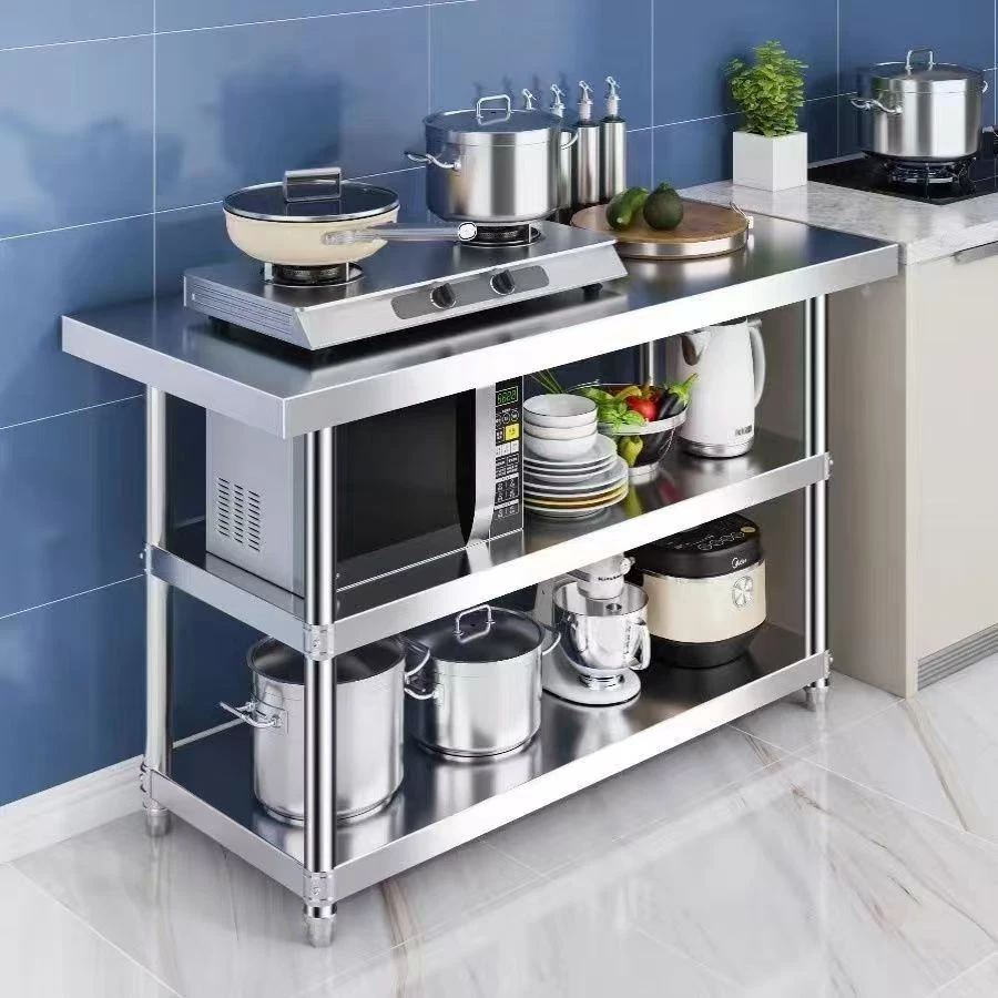 加厚不锈钢置物架工作台商用厨房切菜桌子收纳架打包操作台面三层