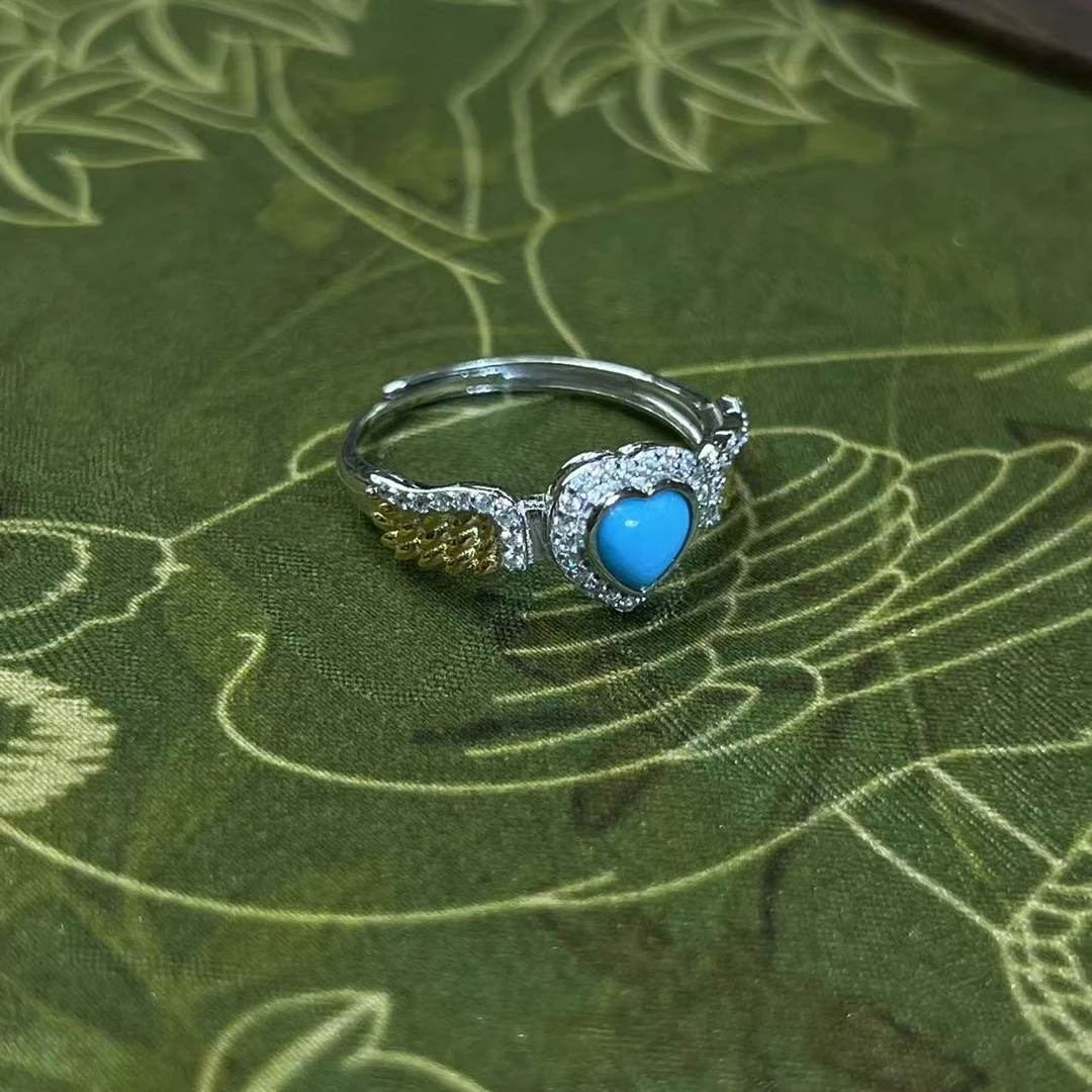 【珺笙珠宝】精品•原矿暴蓝绿松石镶嵌s925银爱心戒指S1502107003