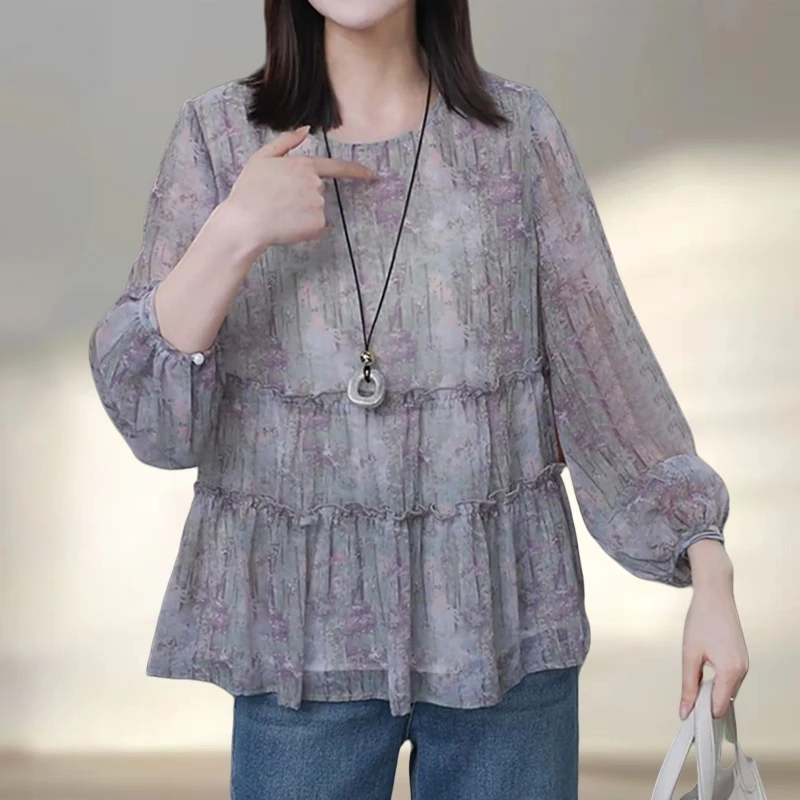 法式优雅碎花木耳边雪纺衫女早秋新款轻薄减龄宽松遮肚子显瘦衬衫