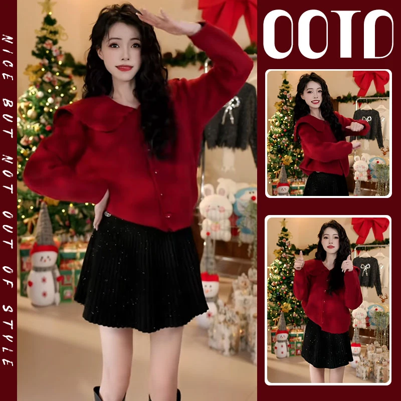 过年穿搭一整套女2025新款新年蕾丝花边减龄海军领毛衣半裙两件套