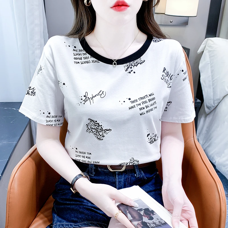 棉质时尚百搭休闲减龄短袖t恤女夏季新款宽松设计感小众印花上衣
