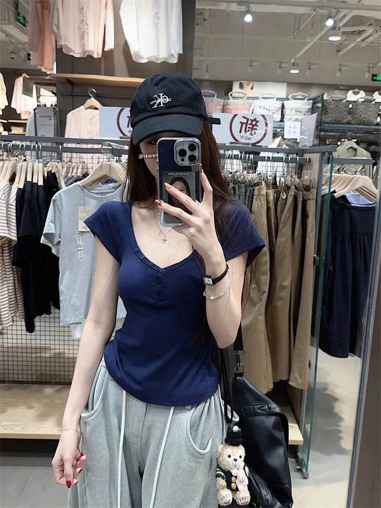 纯棉辣妹低V领纽扣正肩短袖女t恤夏桃心领修身收腰短款性感小上衣