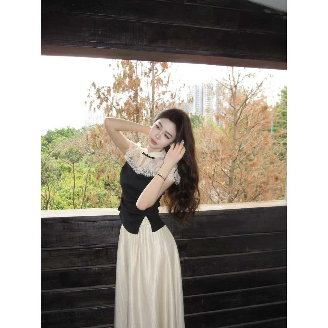 蕾丝显瘦气质时尚夏季复古法式拼接小众设计感