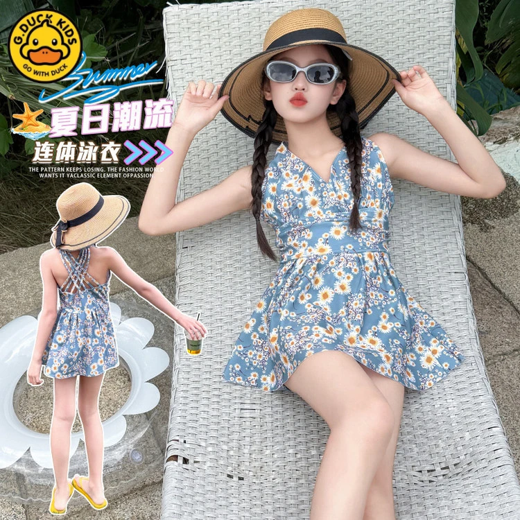潮款2025新款夏季儿童日潮女童碎花连体裙式送泳帽胸垫度假沙滩泳