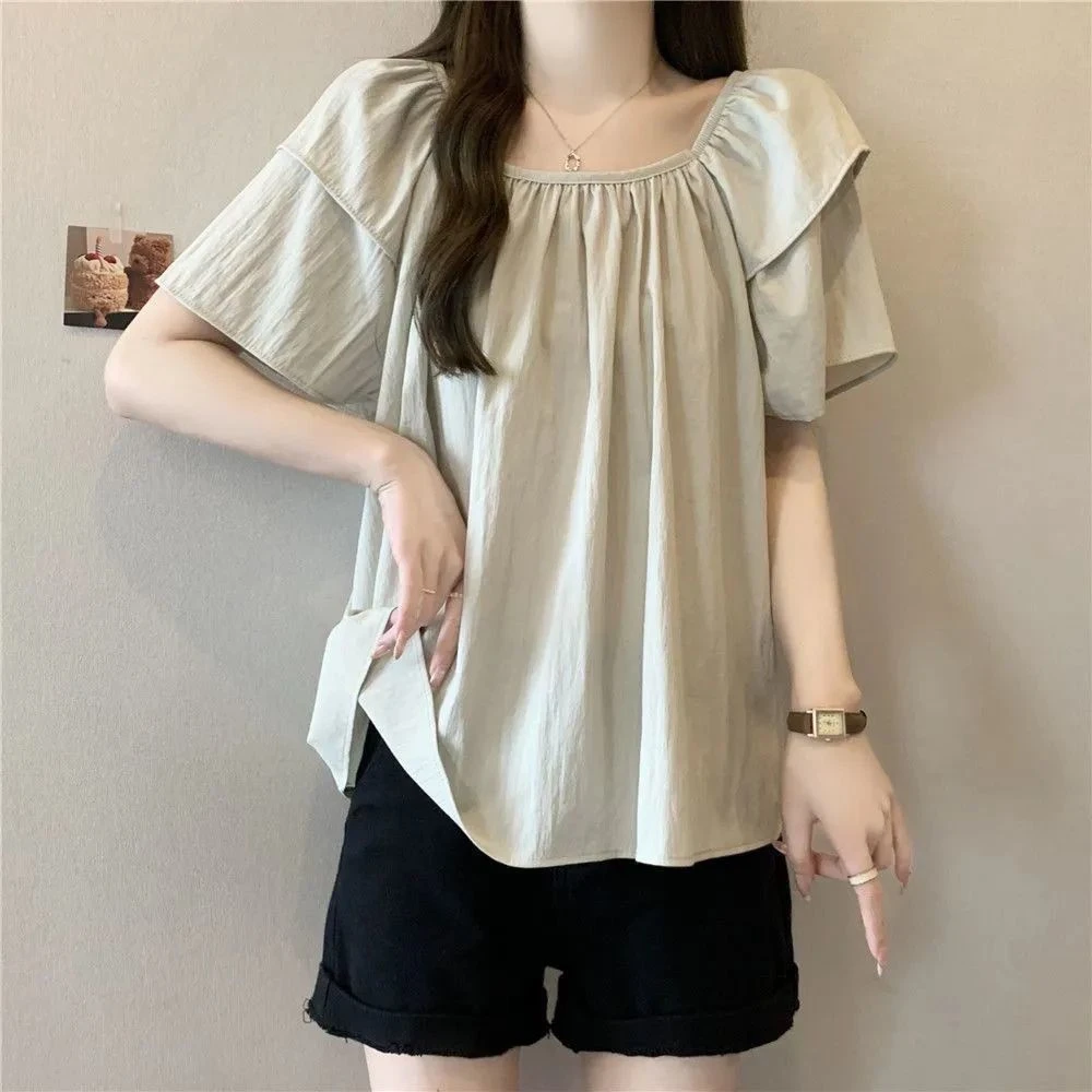 大码甜美风复古方领短袖衬衫女夏季胖mm宽松显瘦遮肚不规则上衣