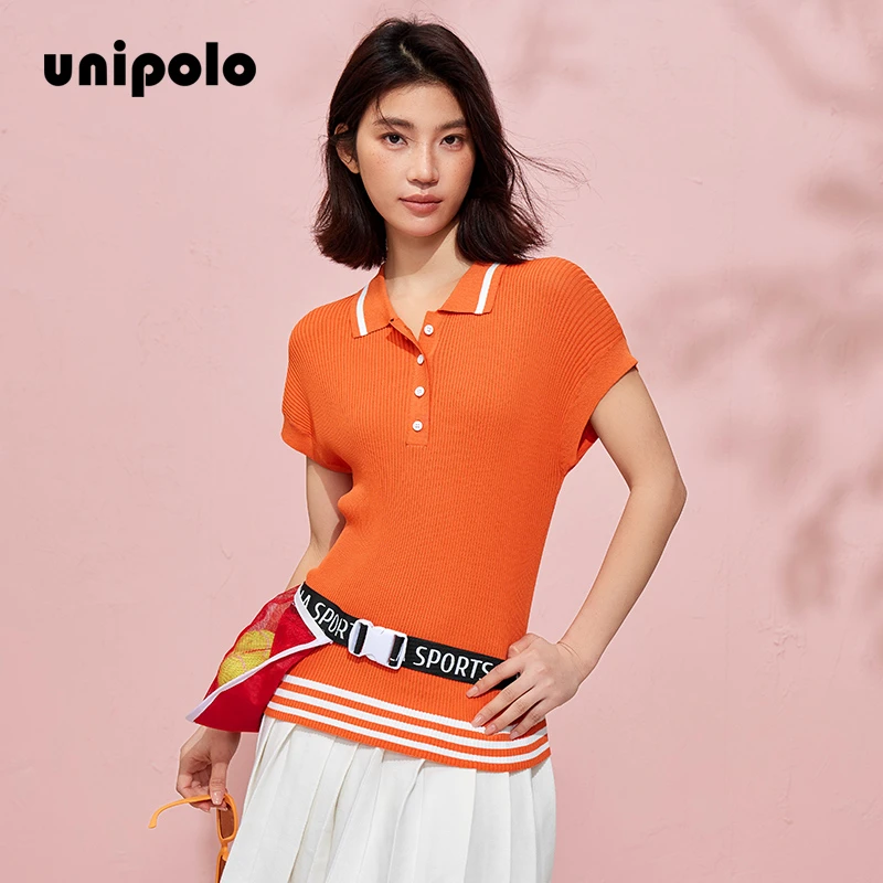 unipolo 夏季新款柑橘橙色POLO领法式修身显瘦针织衫落肩袖上衣
