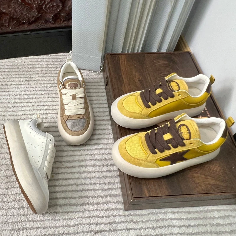 真皮做旧小白鞋女2025春季新款厚底板鞋休闲百搭星星女鞋复古单鞋