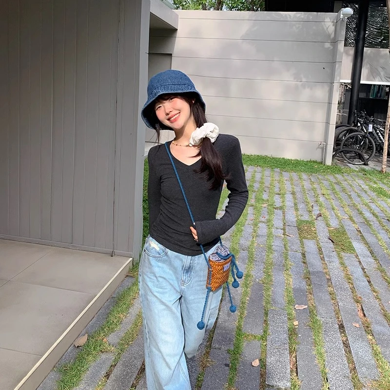 一三良品小个子【嗲嗲精】纯欲v领修身弹力长袖打底衫T恤女Z4C1H