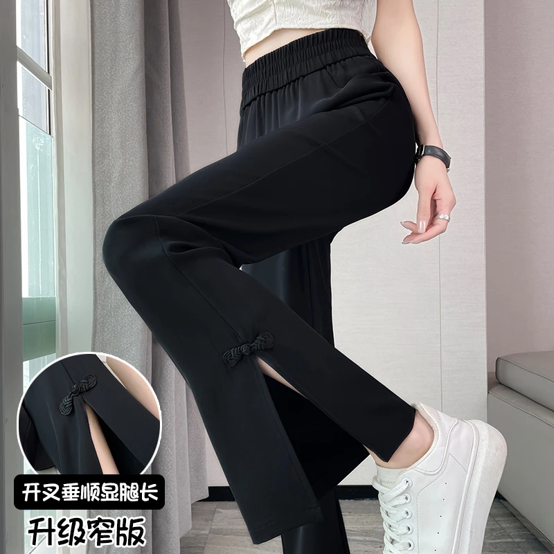 新中式国风微喇西装裤女夏季2025新款爆款薄款休闲开叉直筒喇叭裤