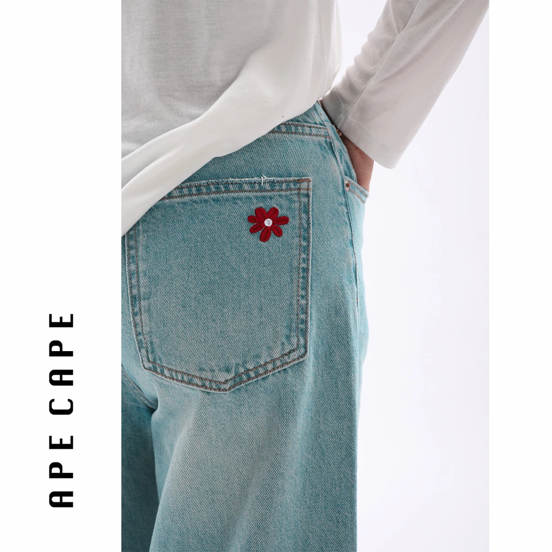 APE CAPE【九菊】夏季复古九分直筒牛仔裤女 菊花刺绣复古蓝牛仔裤