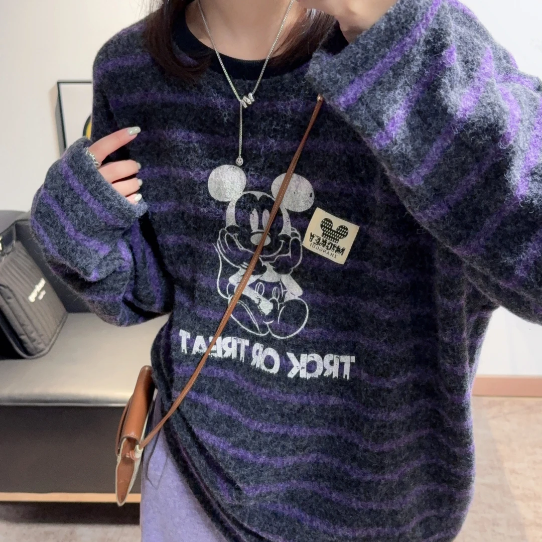 2024冬季新款圆领米奇条纹毛衫打底T恤女宽松显瘦亲肤柔软减龄