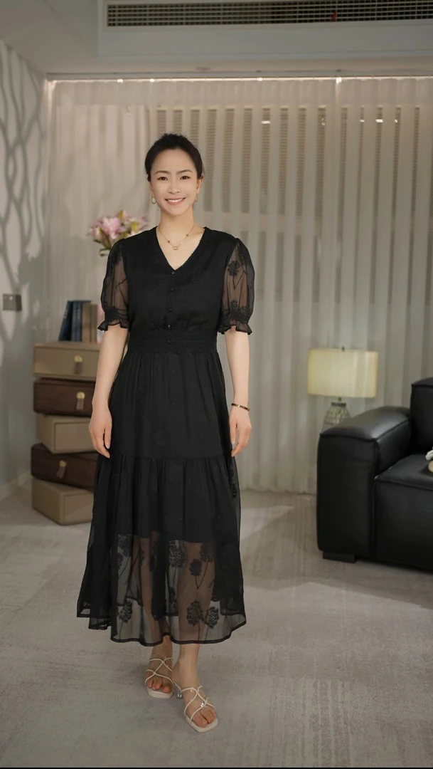 重工刺绣淑女风V领连衣裙高腰小个子中长款连衣裙DD69102148