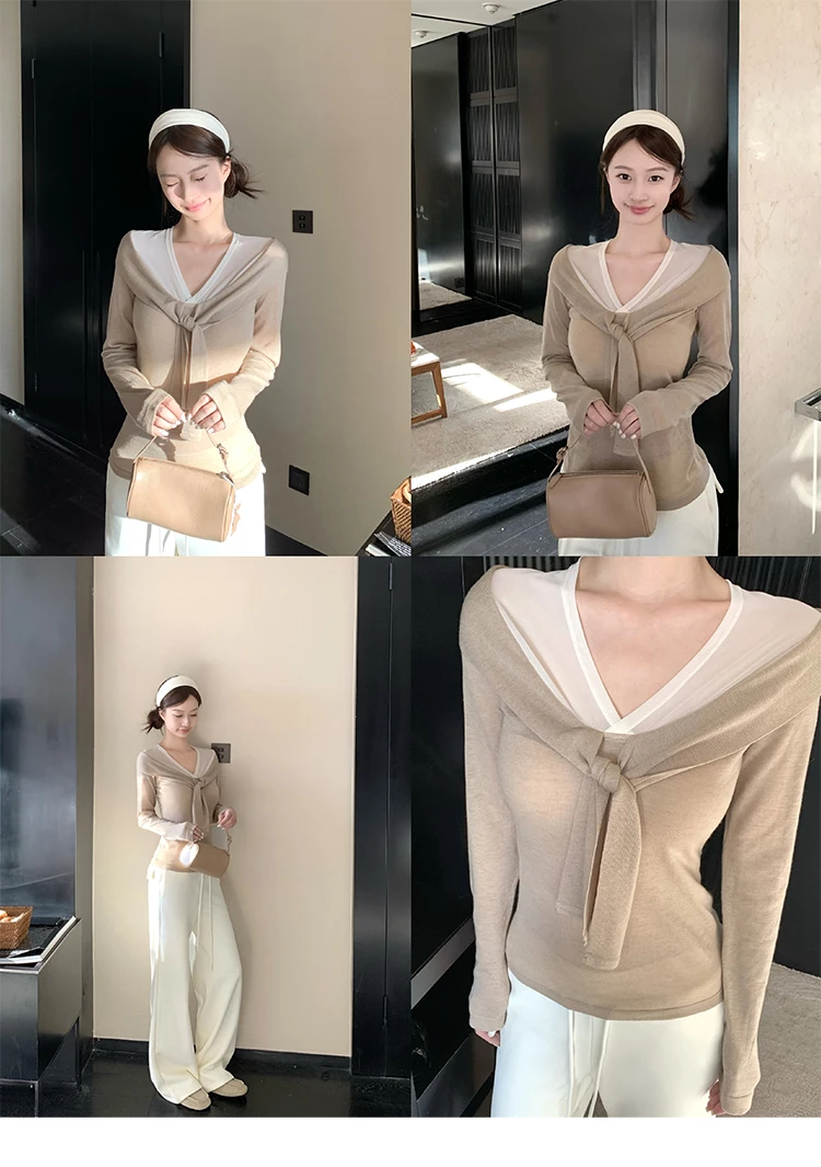 SLA STUDIO V领针织衫女秋季设计感拼接扭结长袖咖色打底羊毛上衣
