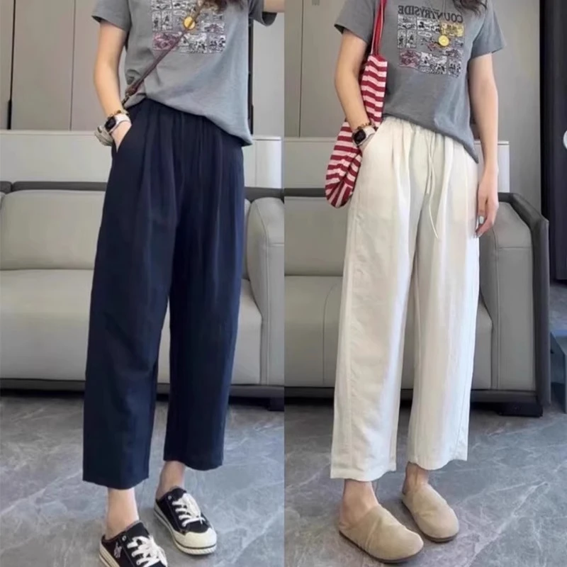夏日清爽九分亚麻阔腿裤女2025夏季薄款新款冰丝小个子休闲直筒裤