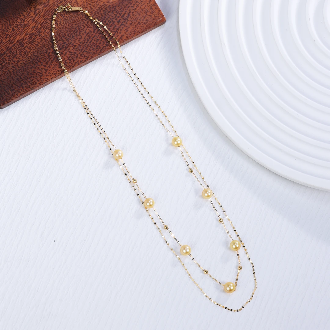 【NINI】18 K金双层海水羽翼皇后金珍珠项链5-6MM