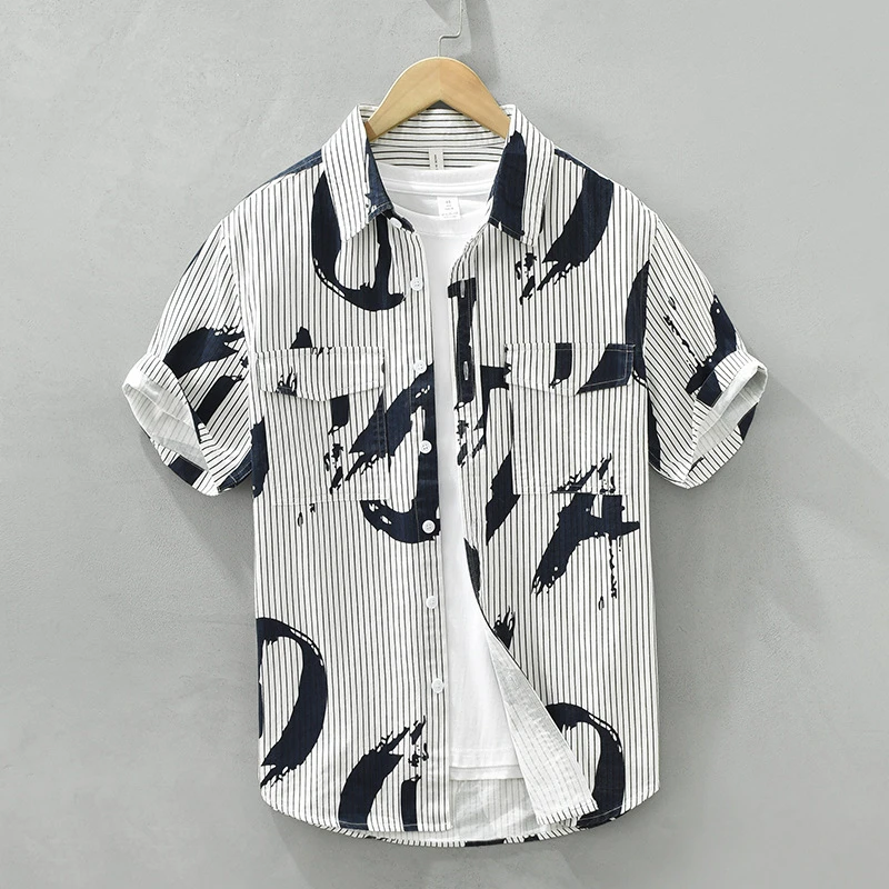夏季清新竖条纹男士潮流印花日系帅气百搭文艺休闲棉短袖衬衫3755