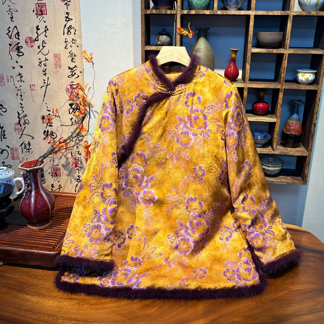 YUEZHE水貂毛国风复古棉服2025冬季新款中式棉袄外套大码女装