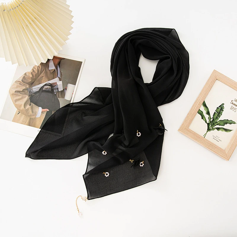 珍珠雪纺花朵珍珠饰品吊坠围巾方巾