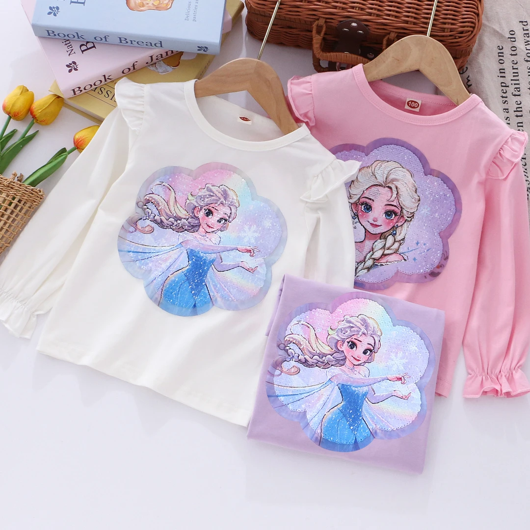 儿童亮片长袖T恤衫女宝宝秋天透气舒适棉上衣女孩荷叶边飞袖长袖