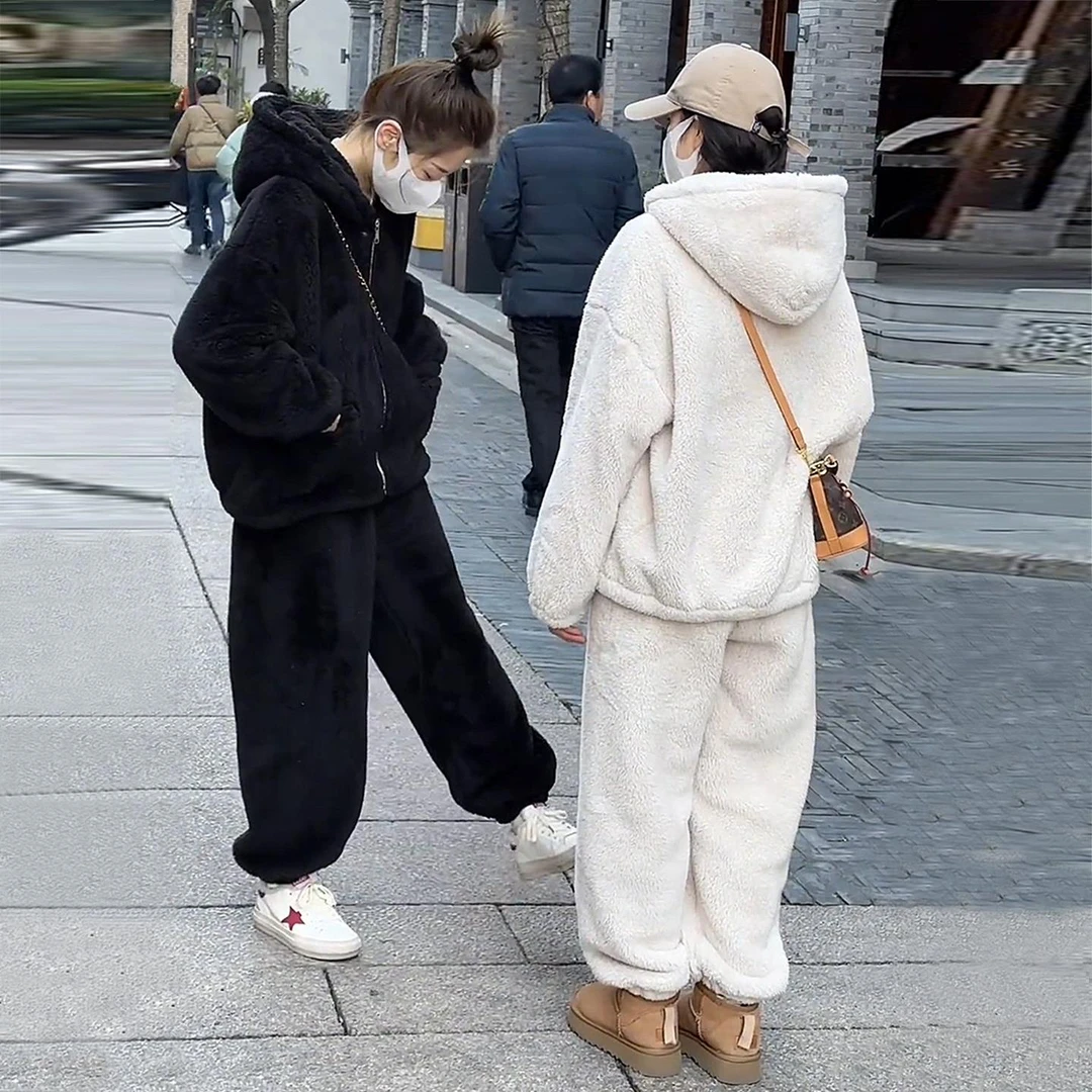 韩系毛绒绒家居服套装女冬季加厚长袖外套高腰阔腿长裤休闲两件套
