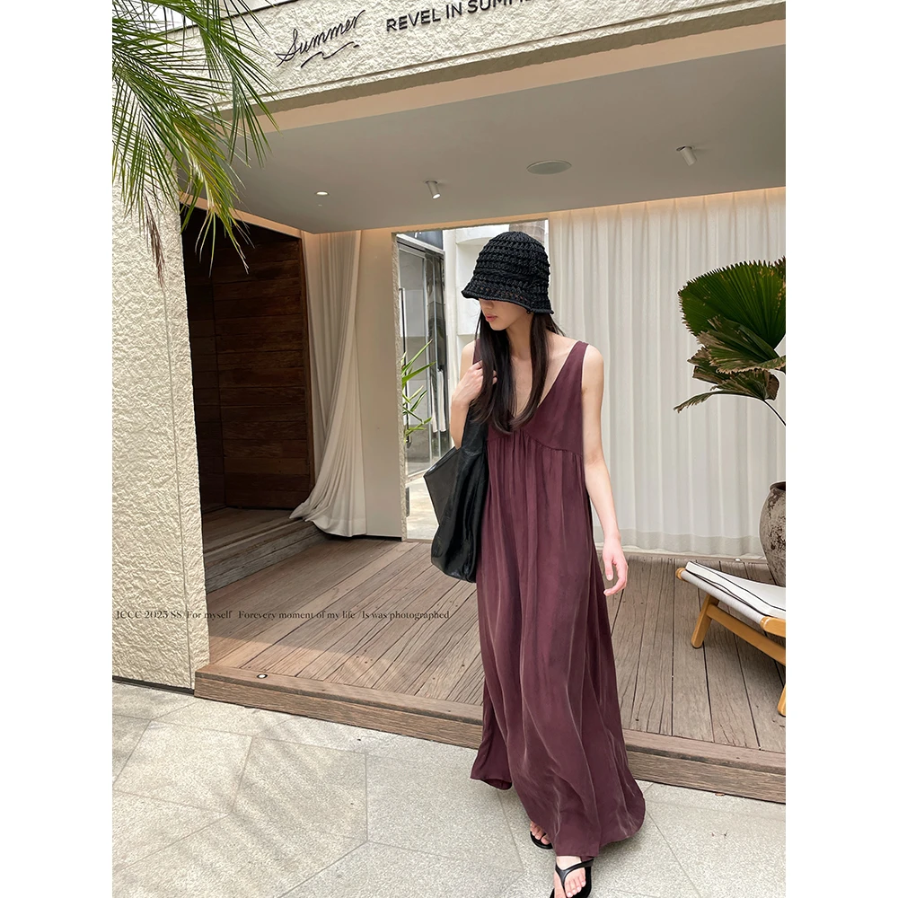 JCCC影子【樱桃曲】酒红色气质V领度假吊带长款连衣裙JE5BSL10
