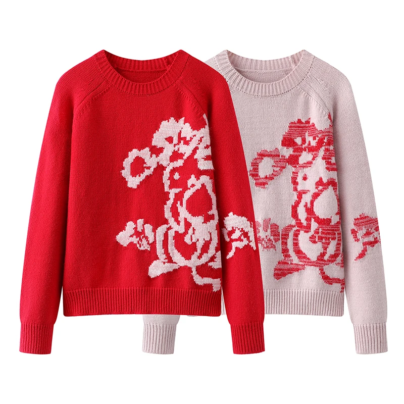 【Y2750】春季新品法式时尚慵懒风绣花新年红毛衣针织开衫女上衣