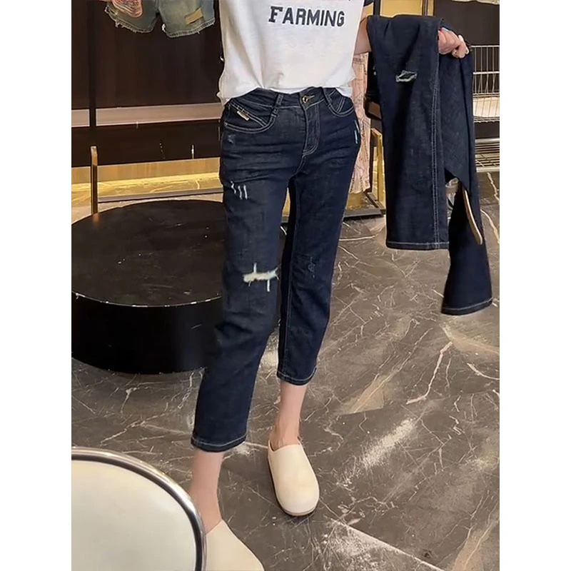 大码高腰弹力显瘦直筒八分烟管裤2025夏季新款时尚百搭破洞牛仔裤