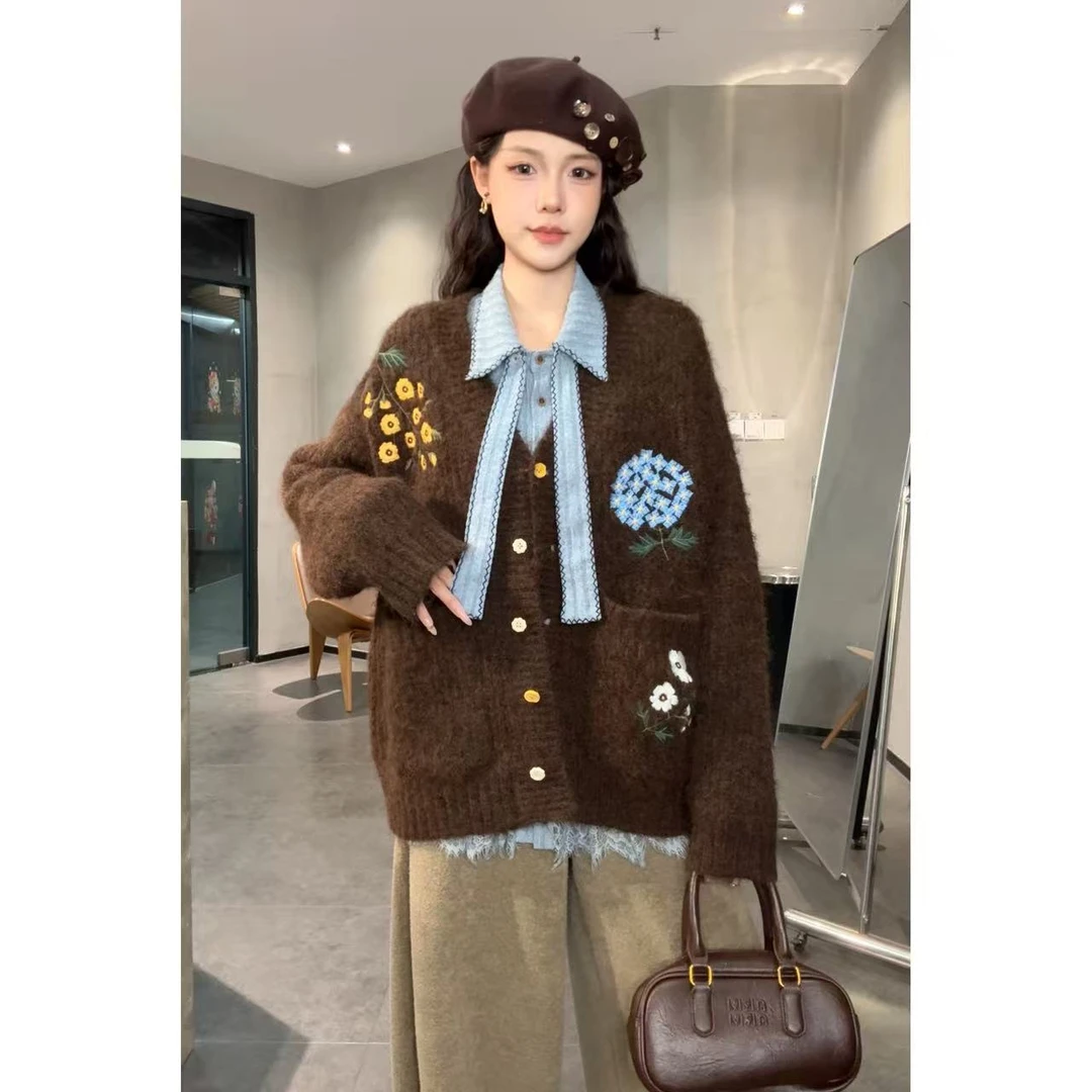 VGVL旻旻毛衣【晚秋花香】秋冬慵懒风厚款刺绣针织毛衣开衫女50251