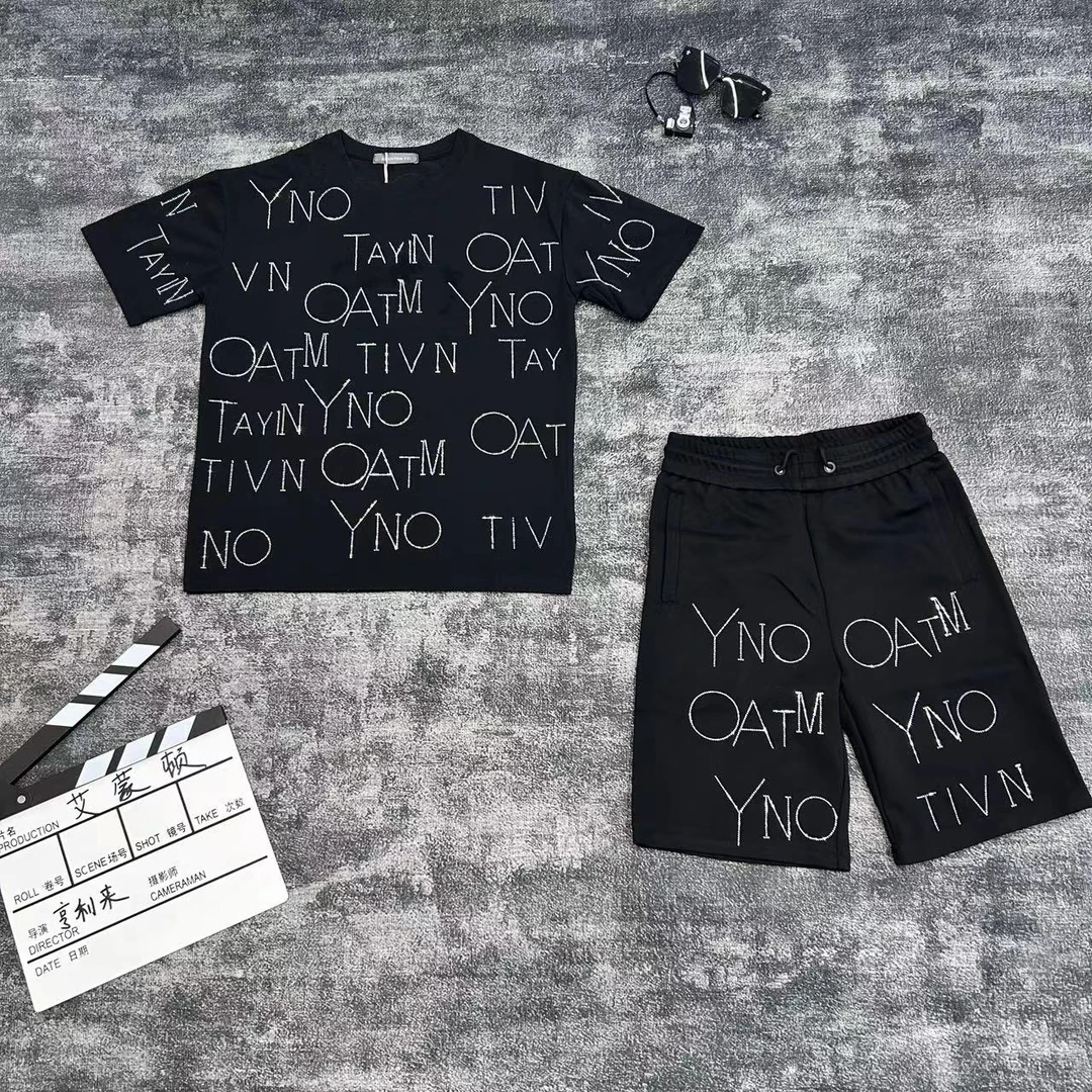 休闲短袖百搭设计师粘钻潮流圆领男士黑色潮流T恤流行23459