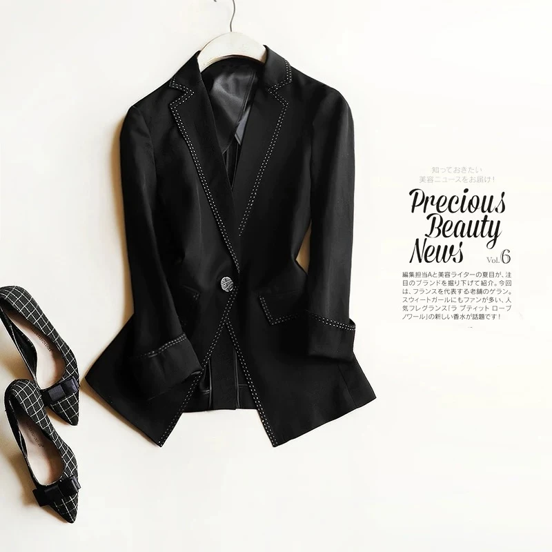 茉澜黑色白点春夏薄款时尚高贵西装