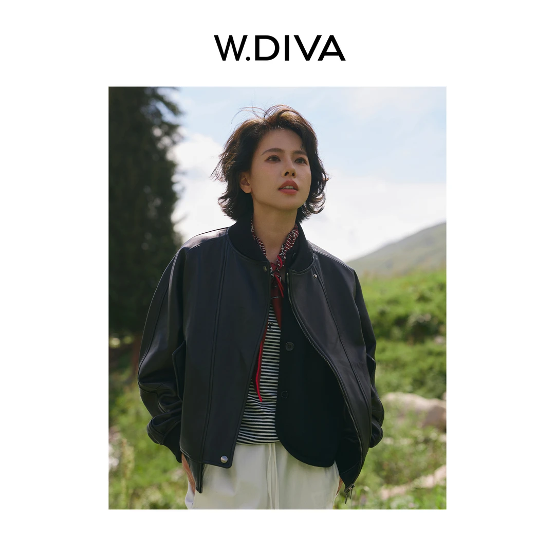 W.Diva【速写皮革】英国进口羊皮秋冬拉链棒球夹克外套女53C192686