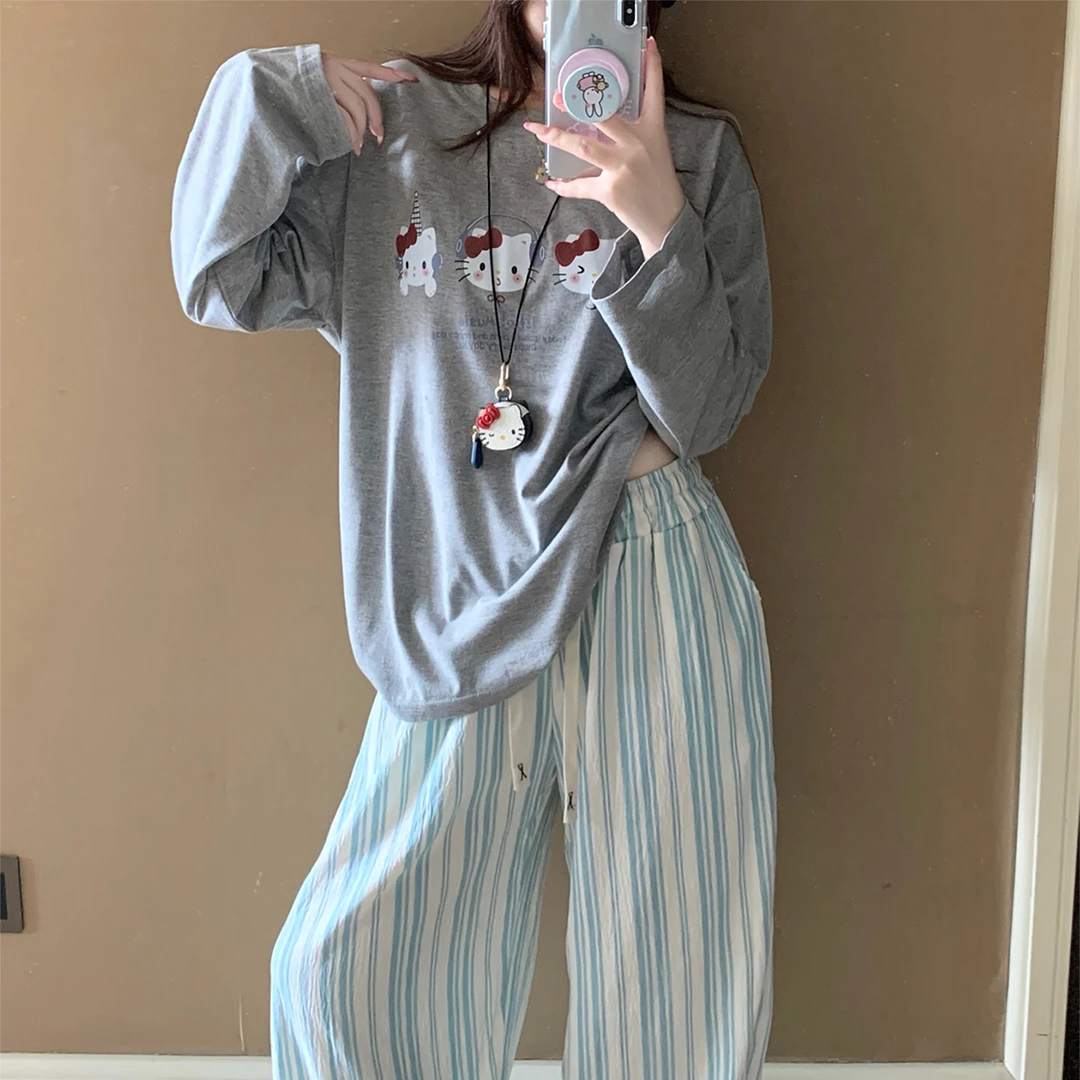 睡衣女春秋季云朵棉长袖大码可外穿2025新款蓝条kt猫套装夏家居服