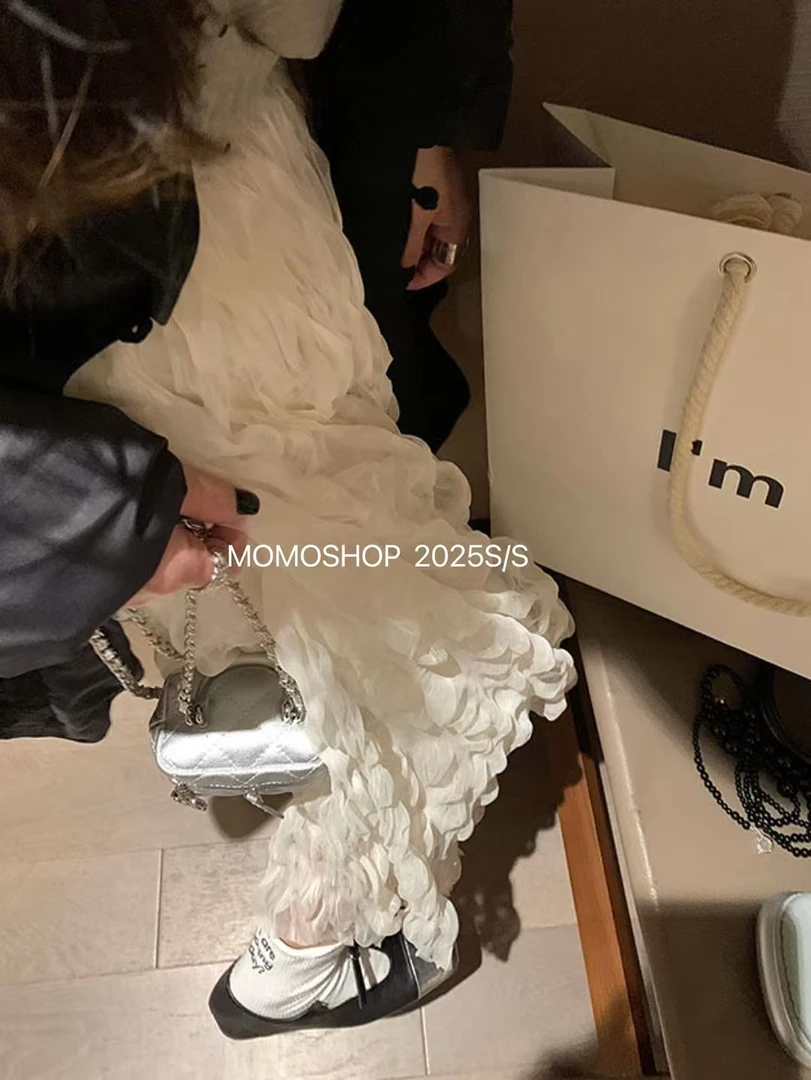 周日见 韩国订单款 小香风长款褶皱蛋糕裙