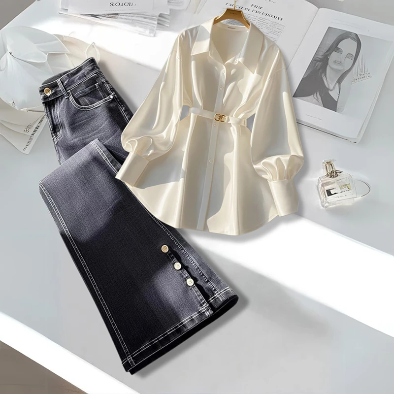 2025春季新款高级感减龄白色长袖衬衫女小个子灰色牛仔裤两件套装