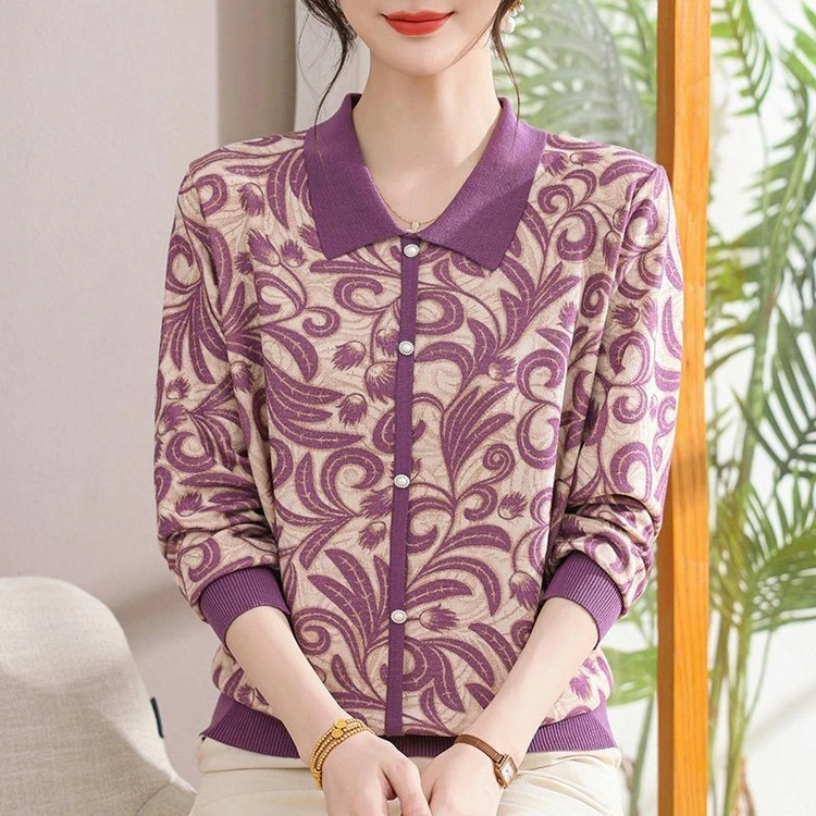 秋季新款碎花时尚风打底衫针织衫中老年女装小衫翻领9106