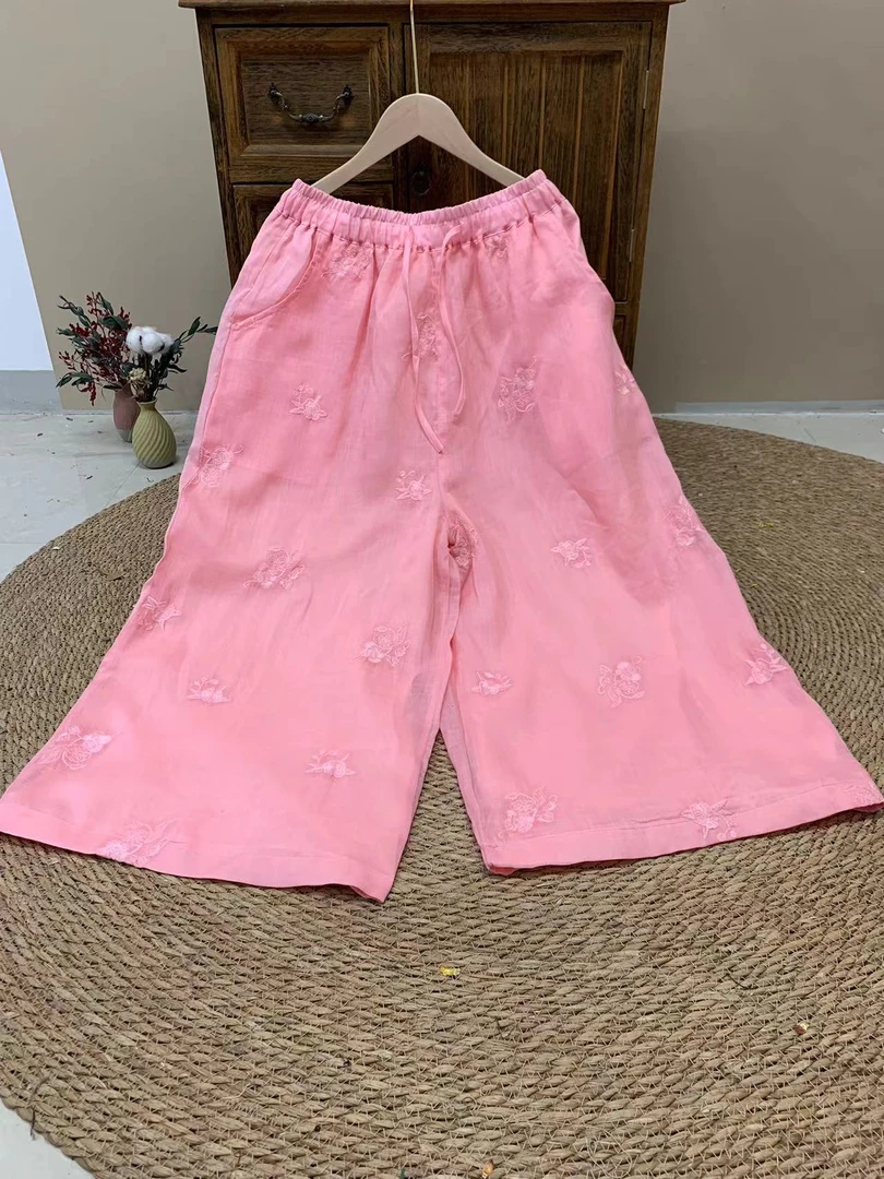 6111春夏款纯苎麻苏绣阔腿裤宽松休闲百搭遮肉显瘦减龄苎麻小衫