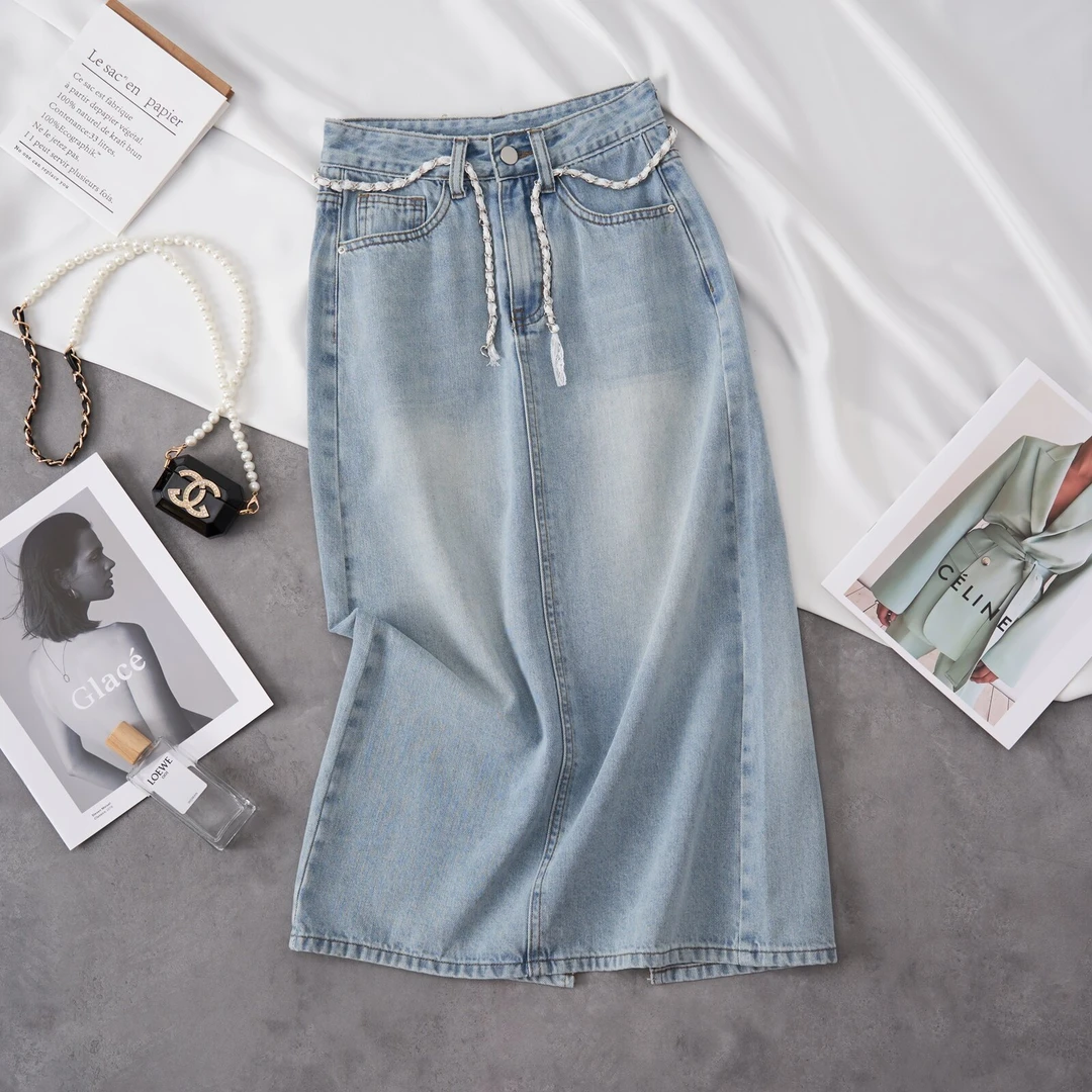高腰开叉牛仔半身裙女2025年新款夏季宽松中长款复古a字版长裙