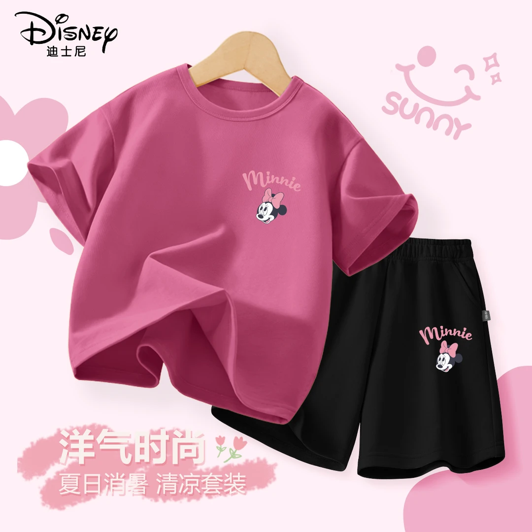 迪士尼女童夏套装2025新款莓红爆款纯棉短袖洋气时髦儿童夏装短裤