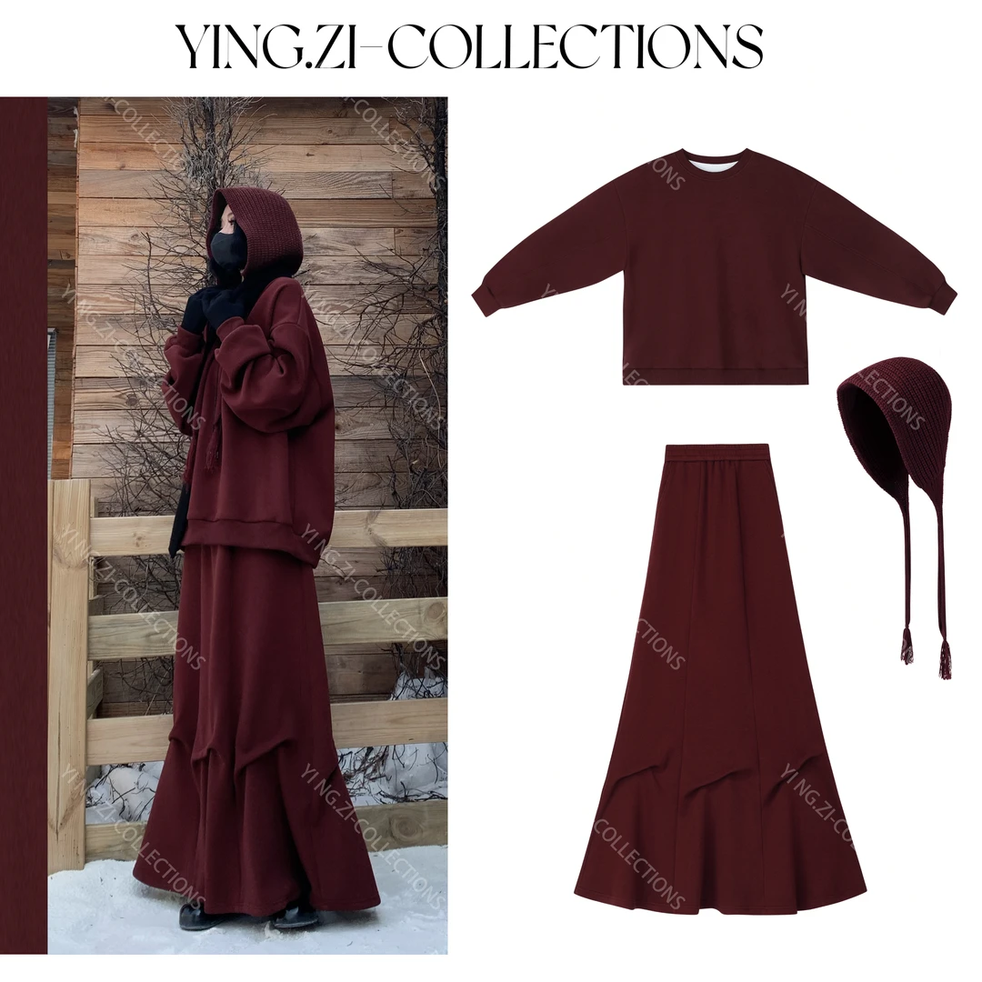 Ying-Zi【拂冬暖】加绒三件套百搭针织帽子设计感捏褶裙时尚