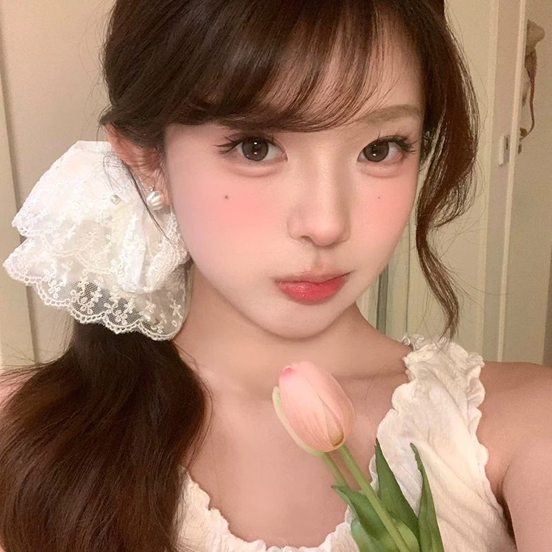 春夏新款韩系白色珠珠蕾丝裙边发圈女气质超仙发绳发饰