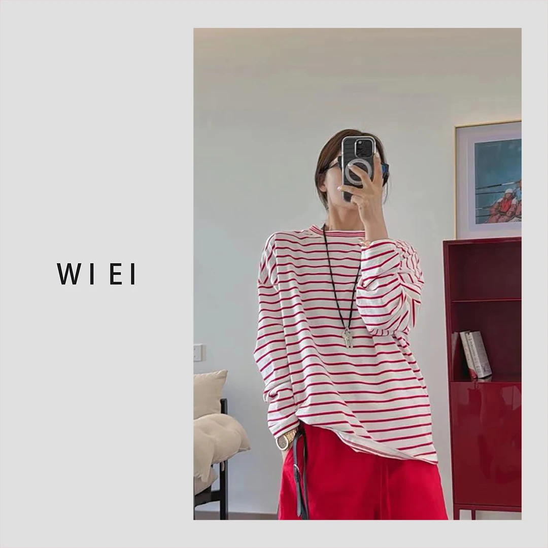 《WI EI》自由派*极简主义_纯棉 圆领长袖 落肩 条纹卫衣 25070