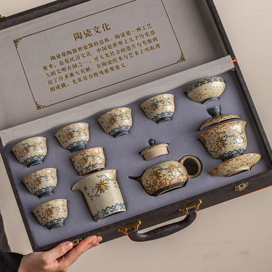 复古青花火石红功夫茶具套装高档礼盒合装送长辈老师退休生日礼物