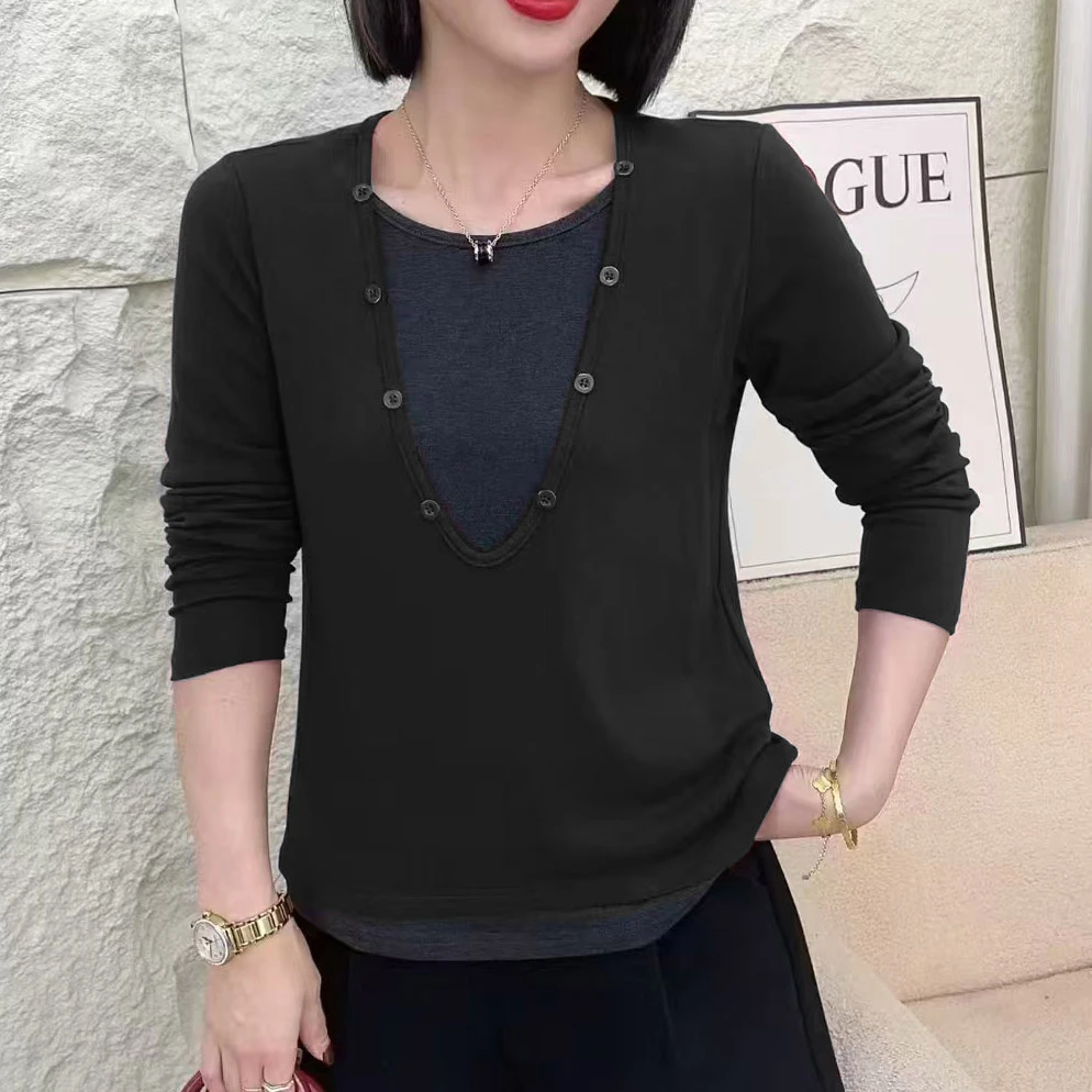 V领长袖纯色拼接常规款T恤休闲气质时尚春秋女士SY-G6015-C23