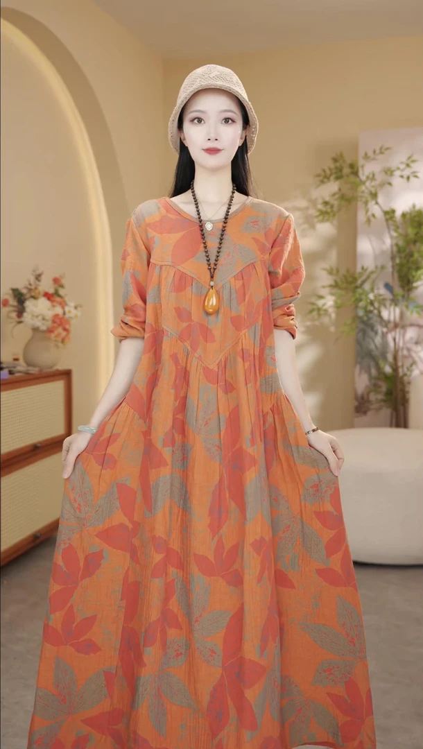 【橘底大枫叶】2025秋季新款长袖时尚气质宽松大码休闲复古连衣裙女