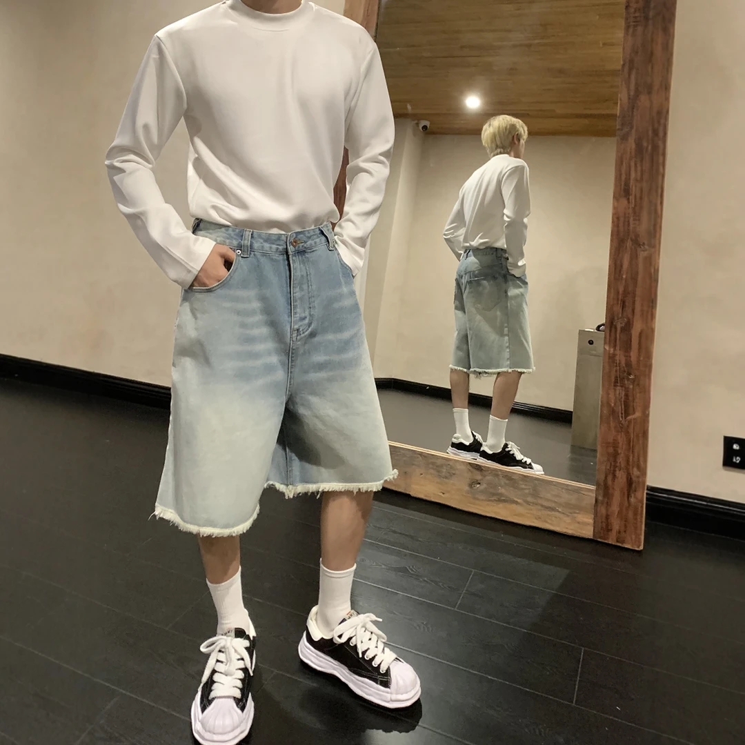 AP MMDD美式宽松版型水洗蓝短裤做旧拉须毛边牛仔情侣过膝六分裤