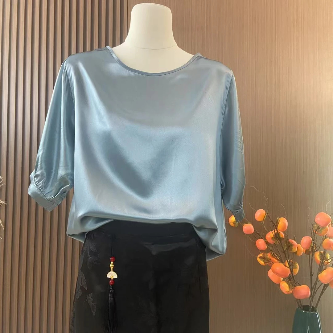 [灰兰大袖]百分百桑蚕丝重磅素绉缎女士大袖上衣