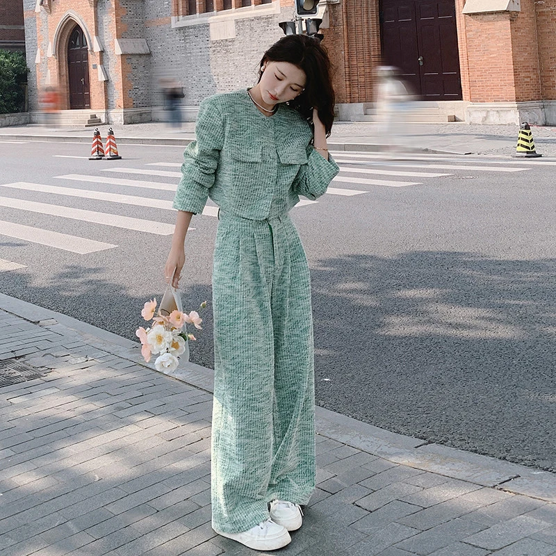 绿色小香风卫衣套装女2025春秋新款法式高级感外套阔腿长裤两件套