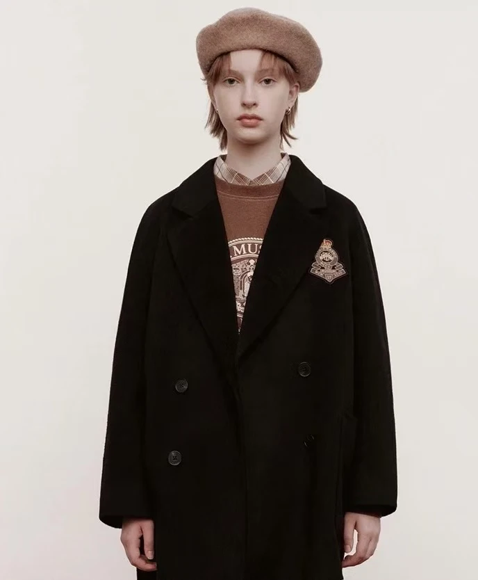 小熊纯羊毛冬季羊毛大衣一手长学院风双排扣呢子外套秋款洋气时尚