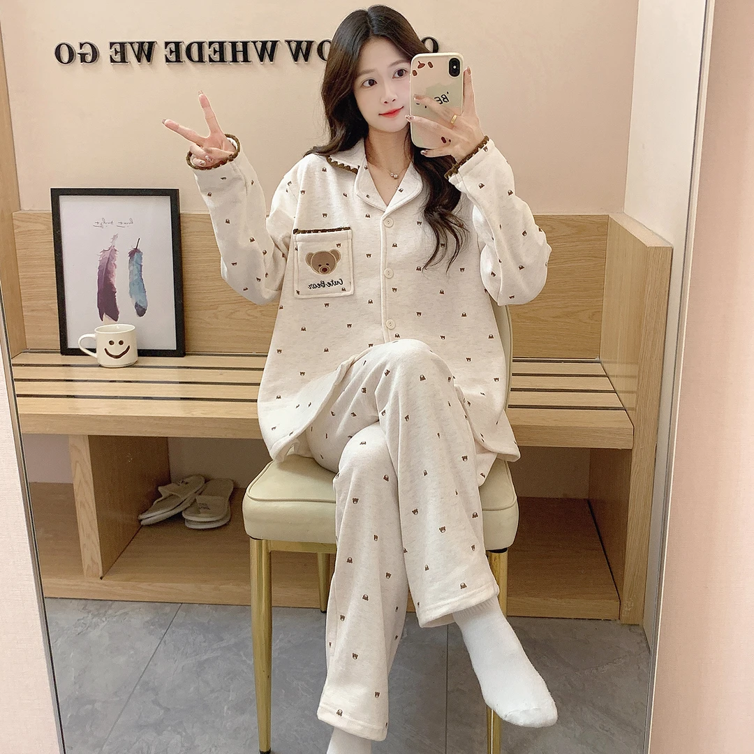 秋冬季睡衣女长袖长裤可爱卡通冬季羊绒款加厚保暖女生家居服套装